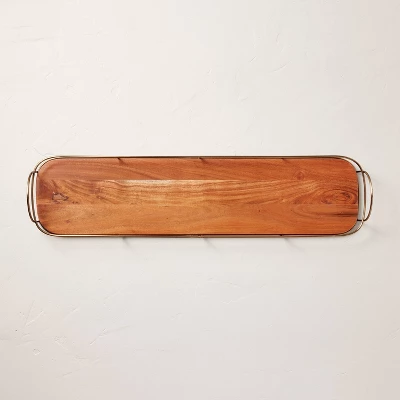 32" Wooden Decorative Tray With Metal Trim Brown/Brass - Hearth & Hand™ With Magnolia 4 32" Wooden Decorative Tray With Metal Trim Brown/Brass - Hearth & Hand™ With Magnolia - Image 2